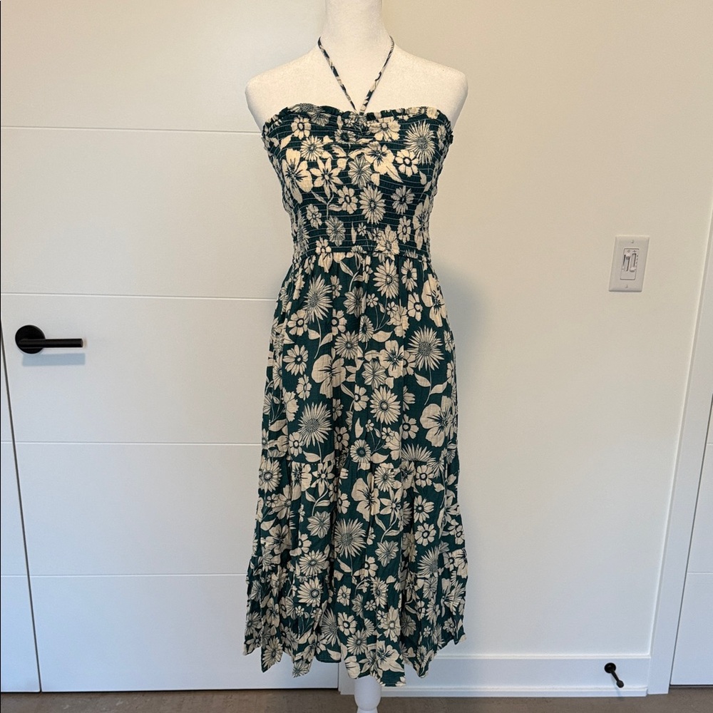 Floral Halter Midi Dress - Green and White